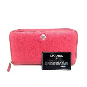 Authentic CHANEL CC Pink Pebbled Leather Zip Around Long Wallet W/ Chanel Card